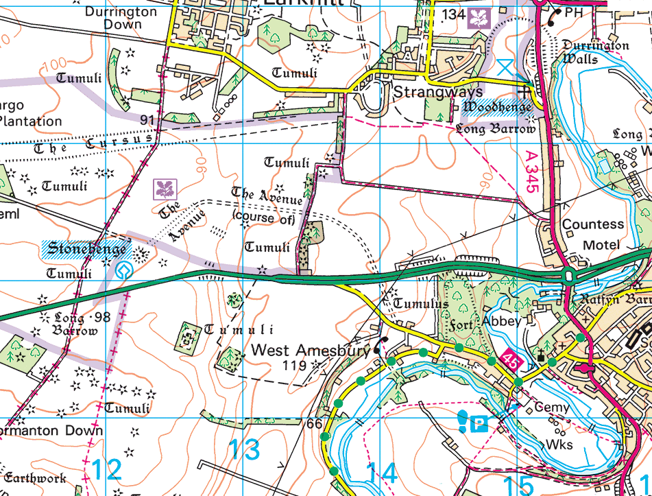 Map showing the route from Durrington to Stonehenge