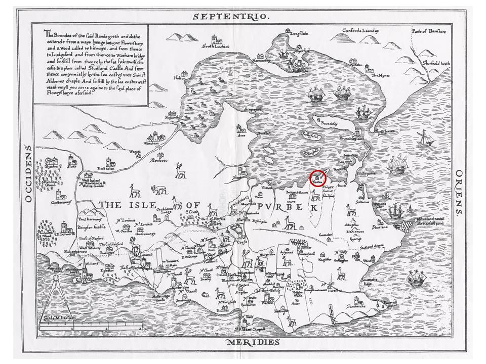 Purbeck circ.1558 - Newtown mapped and circled in red © Warren, info.sjc.ox.ac.uk