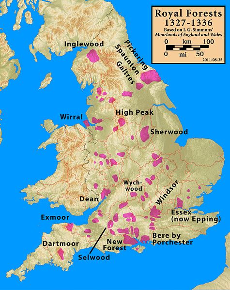 Map showing the Royal Forests 1327-1336 © Wikimedia Commons